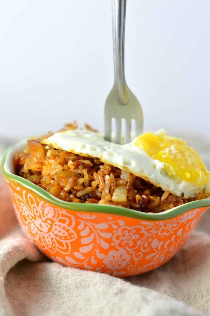 This Kimchi Fried Rice is so easy to make, and is a great way to use up your day old rice. Topped with a fried egg so that you can have some egg yolk sauce!