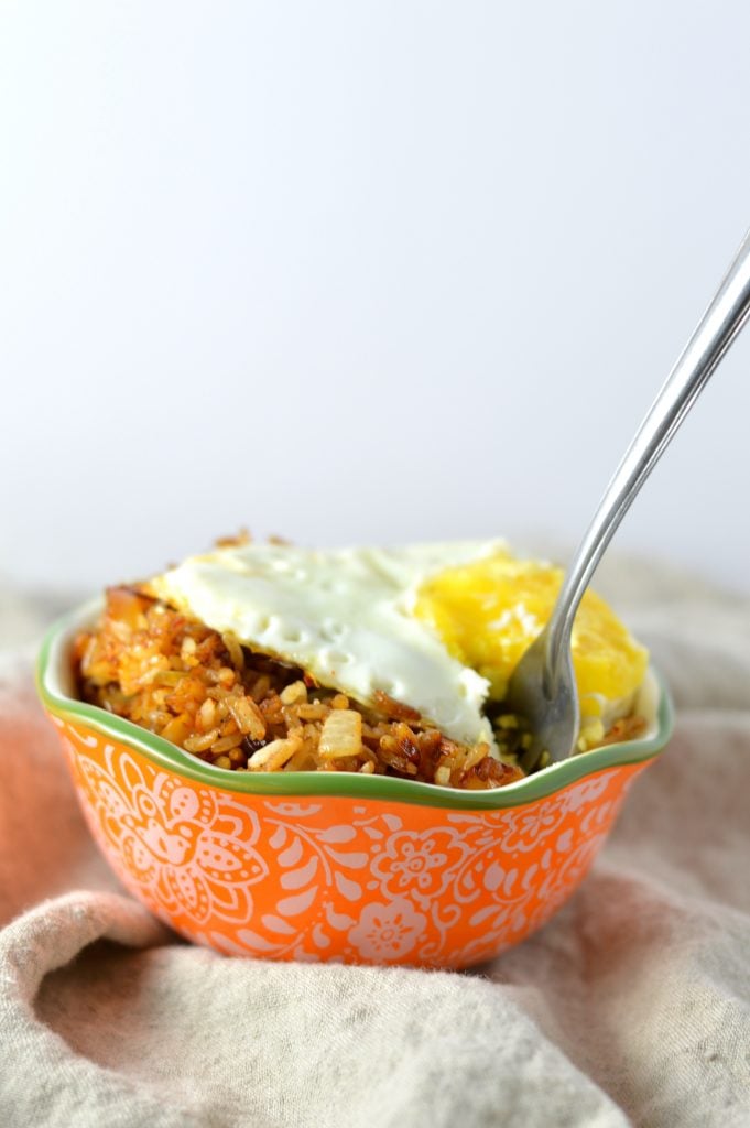 This Kimchi Fried Rice is so easy to make, and is a great way to use up your day old rice. Topped with a fried egg so that you can have some egg yolk sauce!