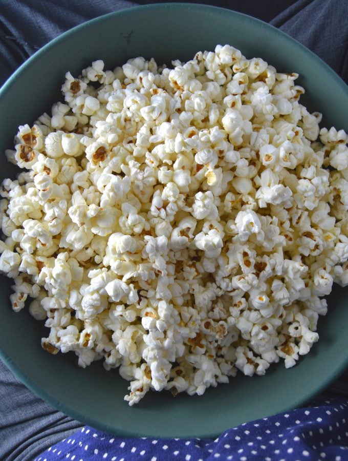 Coconut Oil and Himalayan Salt Popcorn is a quick and easy snack recipe. Perfect for movie night.