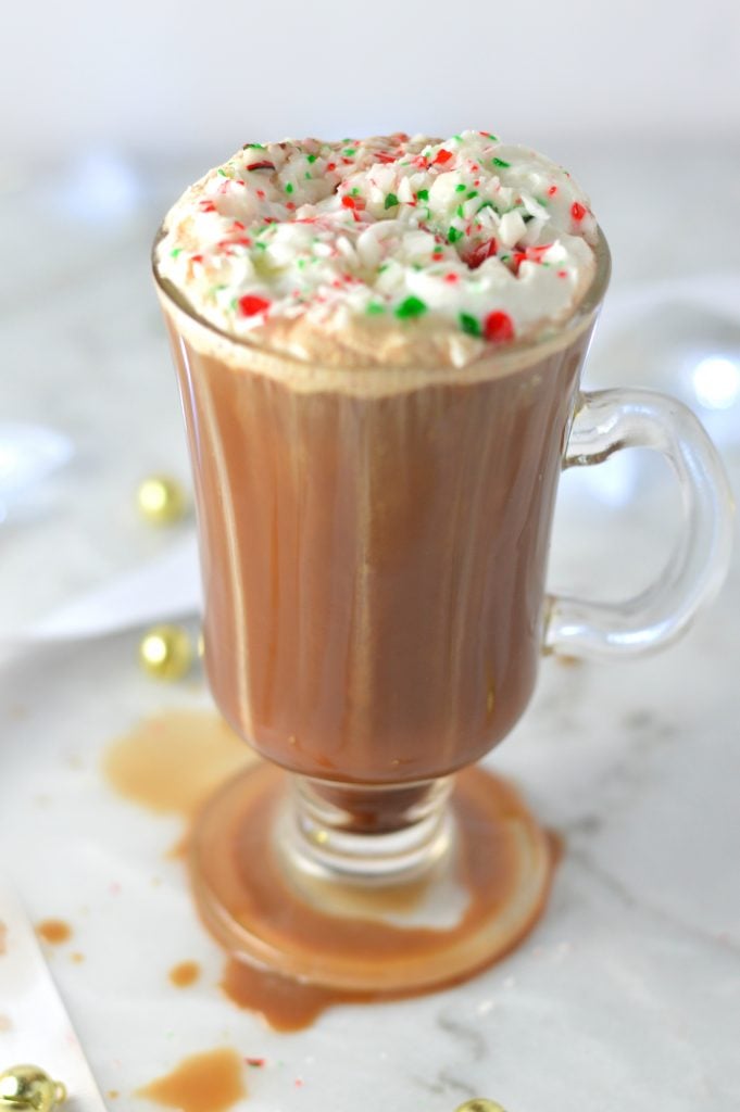Peppermint Mocha recipe with coffee, peppermint extract and crushed candy canes. This tastes like the one from Starbucks made at home.