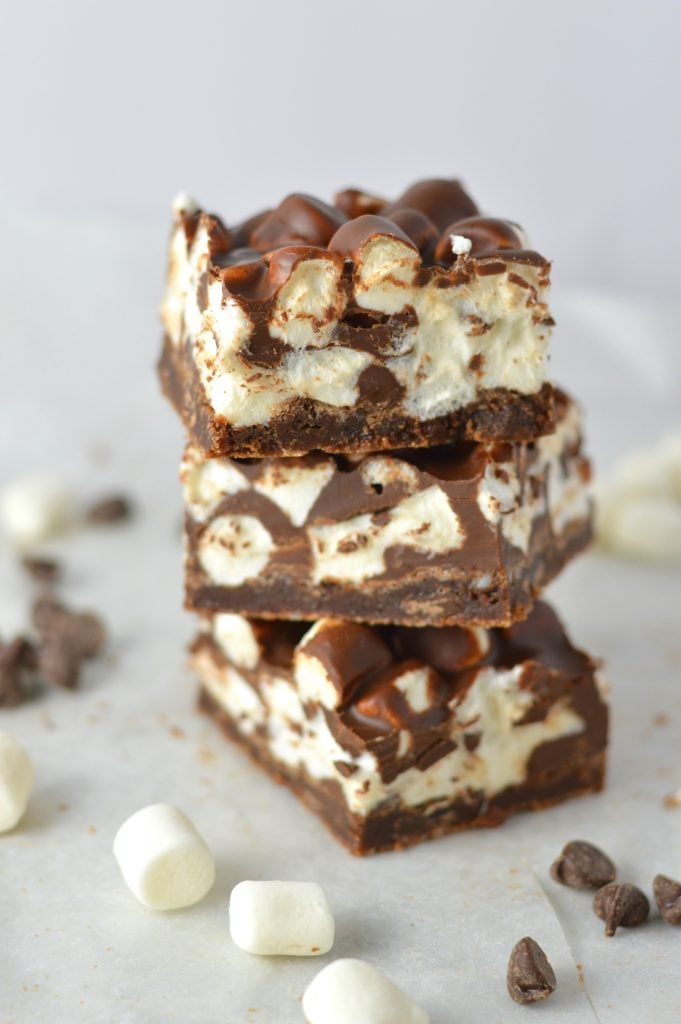 These Chocolate Marshmallow Layer Brownies are super easy to make. They make a great peanut free snack or dessert recipe that you can bring to school or work.