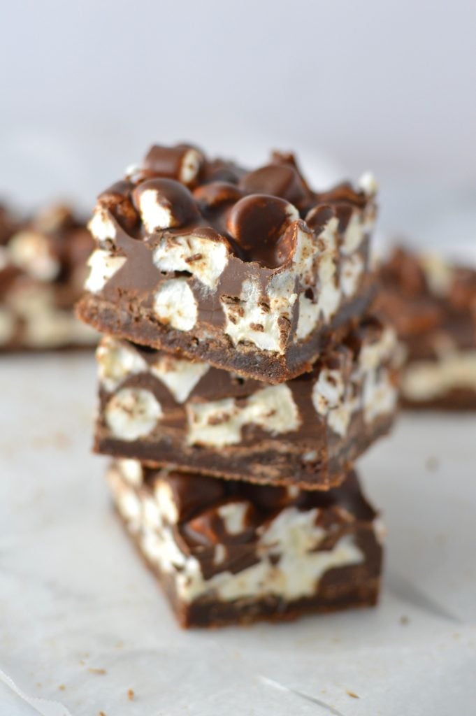 These Chocolate Marshmallow Layer Brownies are super easy to make. They make a great peanut free snack or dessert recipe that you can bring to school or work.