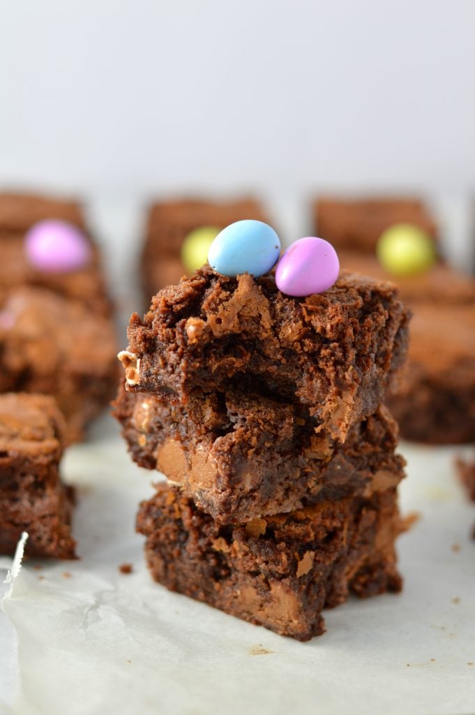 Easy Mini Egg Nutella Brownies Recipe. Chewy and rich, these brownies make a great dessert idea for Easter or anytime mini eggs are in season!