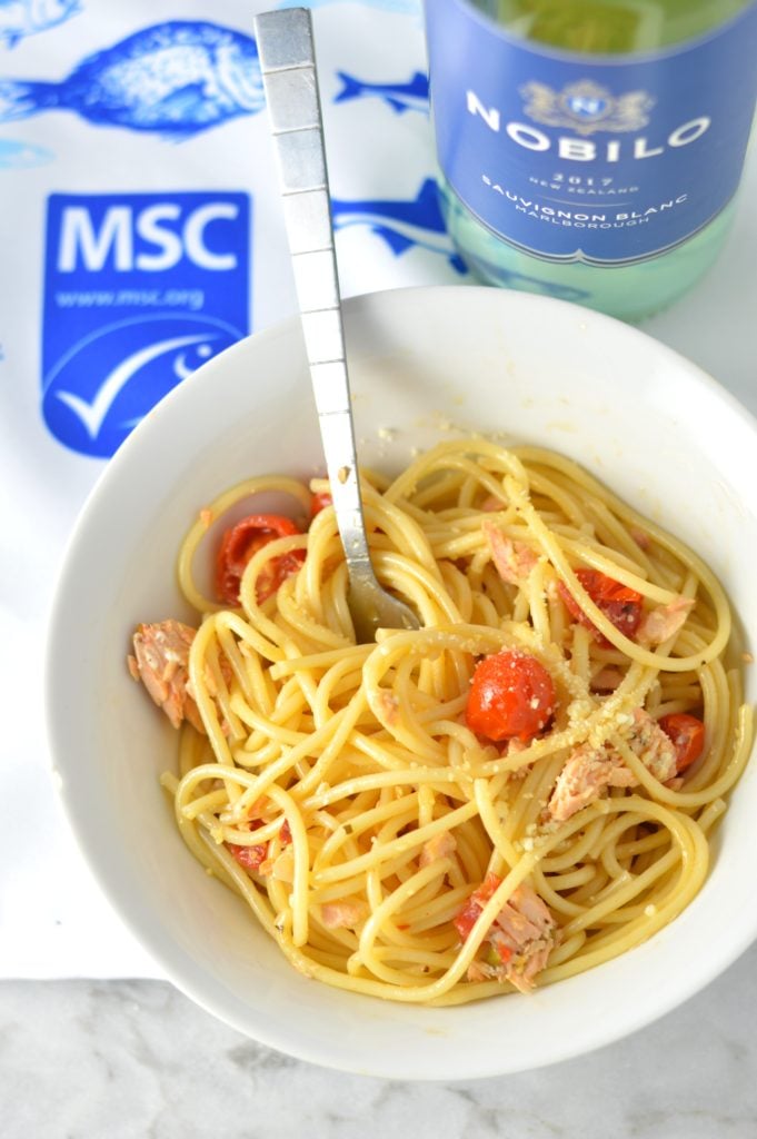 Salmon Pasta in White Wine Sauce