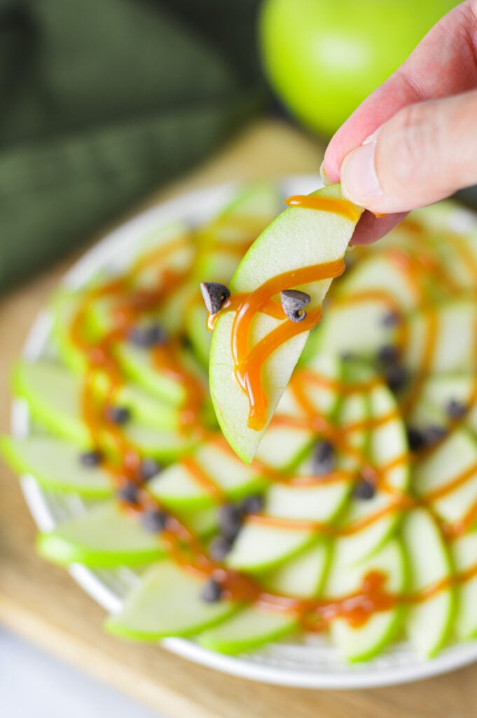 A hand holding an apple slice with a bowl of Apple Nachos for One in the background.