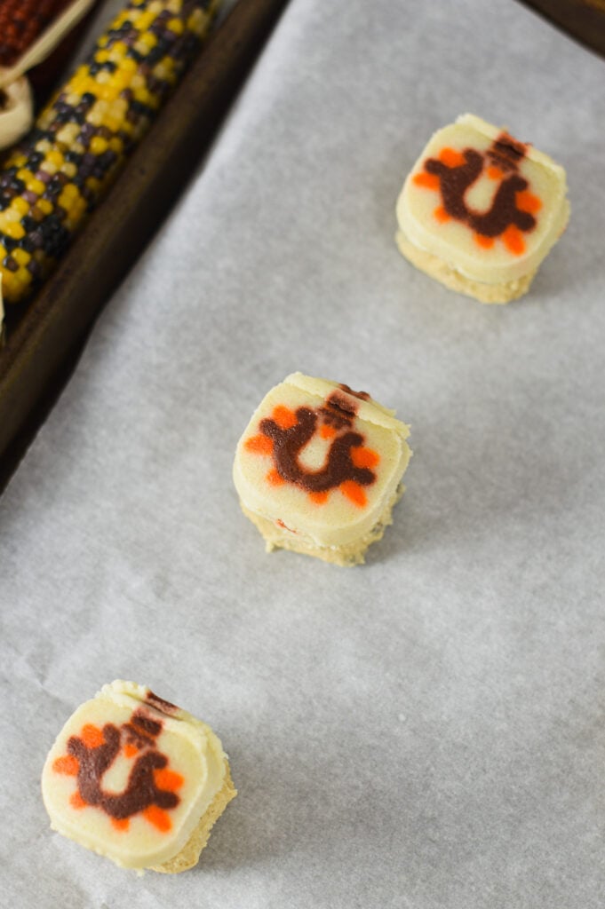 Uncooked Easy Thanksgiving Sugar and Chocolate Chip Cookies on a parchment paper lined baking sheet.