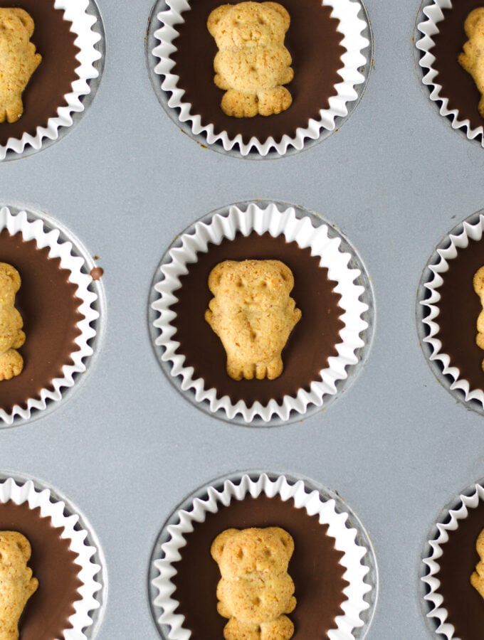 Mini Teddy Graham Nutella Cups in a mini muffin tin.