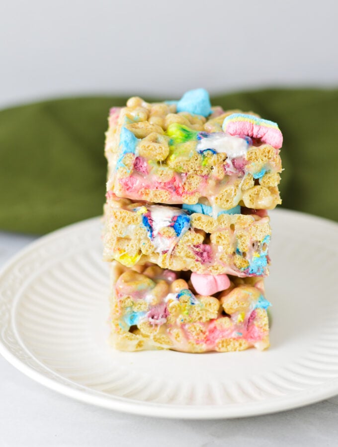A stack of fun and nostalgic Lucky Charms Treats, packed with St Patrick's Day themed marshmallows.