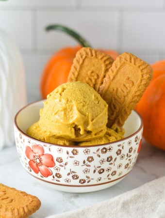 A bowl of creamy Ninja Creami Vegan Pumpkin Biscoff Protein Ice Cream with some Lotus Biscoff cookies sticking out.