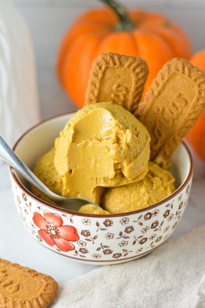 A small spoon taking a scoop out of a bowl of Ninja Creami Vegan Pumpkin Biscoff Protein Ice Cream.