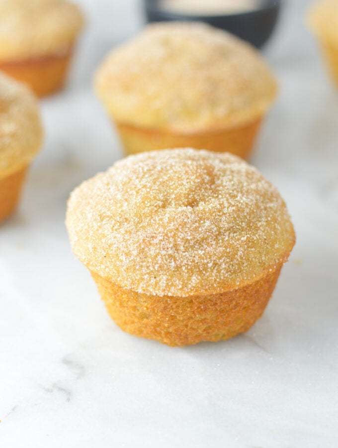 A batch of cake-like Donut Muffins arranged neatly on a granite surface.