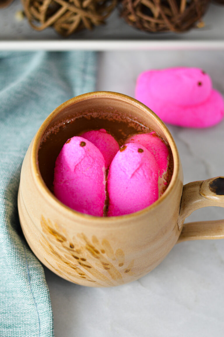 Easter themed Peeps Coffee, topped with bright pink Peep marshmallow chicks.