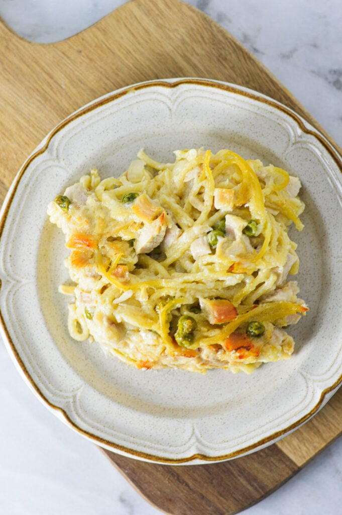 A plate with a hearty portion of Leftover Turkey Tetrazzini.