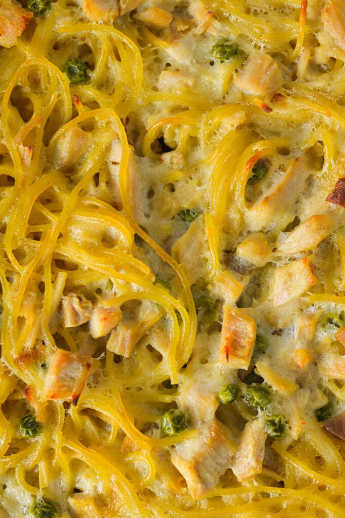 A closeup of homemade Leftover Turkey Tetrazzini, with golden brown spaghetti noodles, bits of turkey and peas inside this creamy dinner.