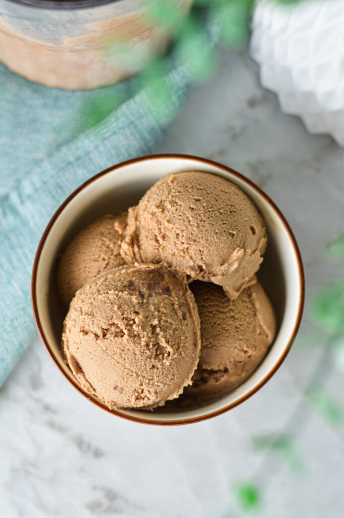 A bowl with scoops of homemade Ninja Creami Chocolate Ice Cream