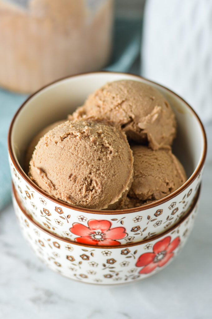 A bowl with rich and creamy Ninja Creami Chocolate Ice Cream.