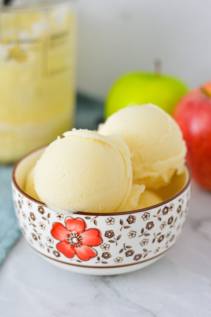 A small bowl filled with scoops of Ninja Creami Apple Italian Ice, with a Ninja Creami pint and two varieties of apple in the background.