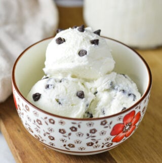 A bowl of homemade Ninja Creami Chocolate Chip Ice Cream in a small bowl.