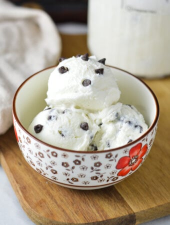 A bowl of homemade Ninja Creami Chocolate Chip Ice Cream in a small bowl.