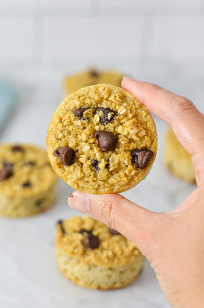 A hand holding homemade Chocolate Chip Baked Oatmeal Cups, with more freshly baked oatmeal cups in the background.