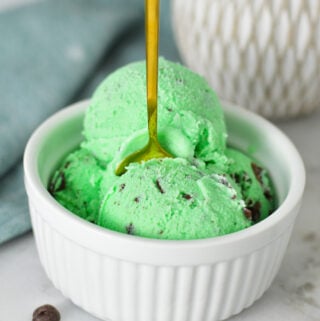 A small ramekin filled with Ninja Creami Mint Chocolate Chunk Ice Cream, with a small spoon sticking out of the mint ice cream.