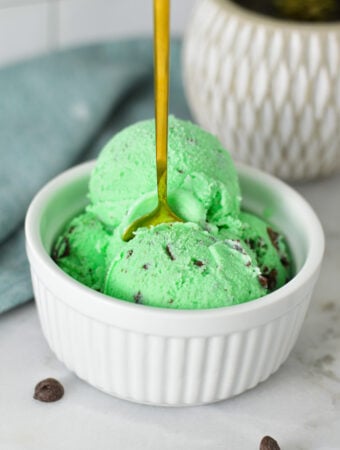 A small ramekin filled with Ninja Creami Mint Chocolate Chunk Ice Cream, with a small spoon sticking out of the mint ice cream.