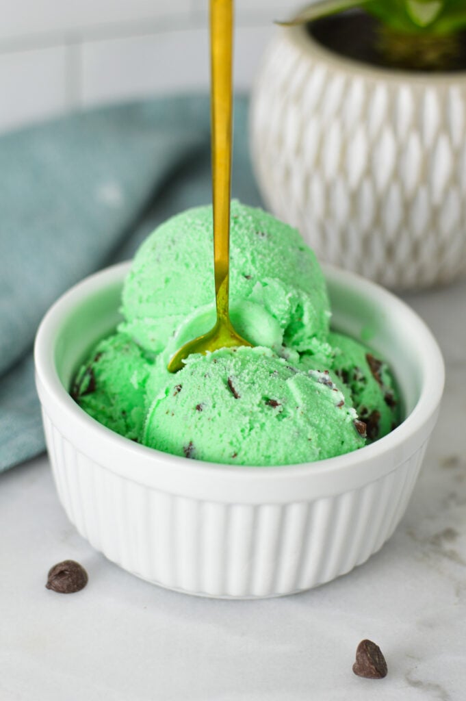 A small ramekin filled with Ninja Creami Mint Chocolate Chunk Ice Cream, with a small spoon sticking out of the mint ice cream.
