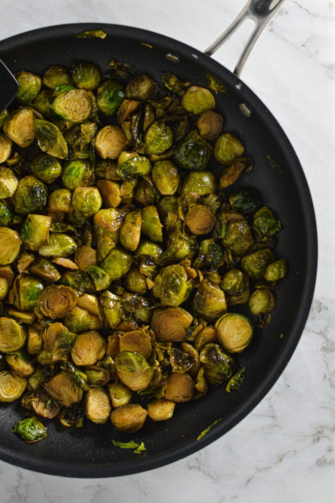 Stovetop Balsamic Honey Brussels Sprouts in a large skillet.