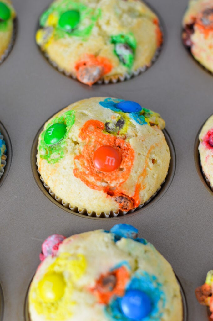 Homemade M&M Muffins in a standard muffin pan, with the colorful M&Ms showing on the tops of the muffins.