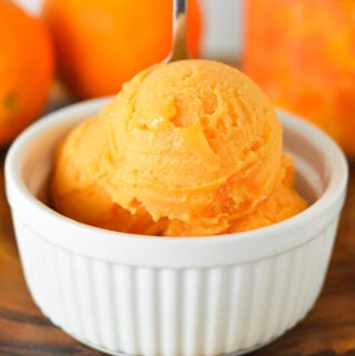 A small bowl full of Ninja Creami Cara Cara Orange Sorbet with a small spoon sticking out of the cold treat.