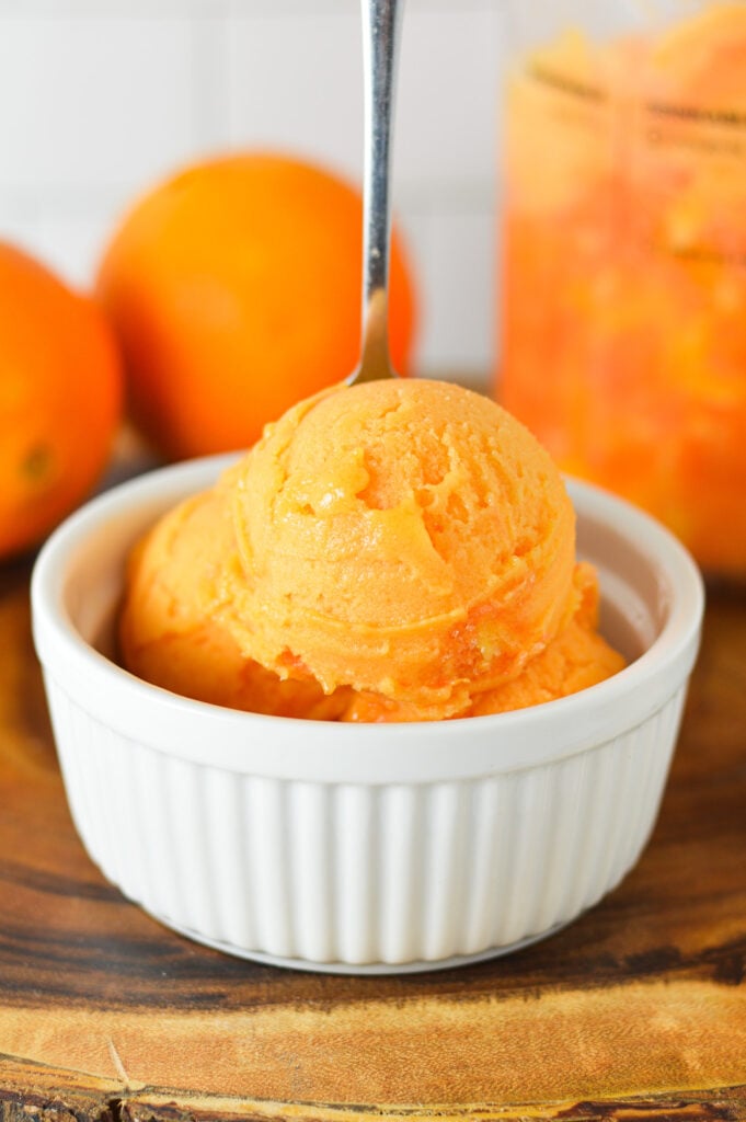 A small bowl filled with scoops of Ninja Creami Cara Cara Orange Sorbet, with a small spoon sticking out of the vibrant orange treat.