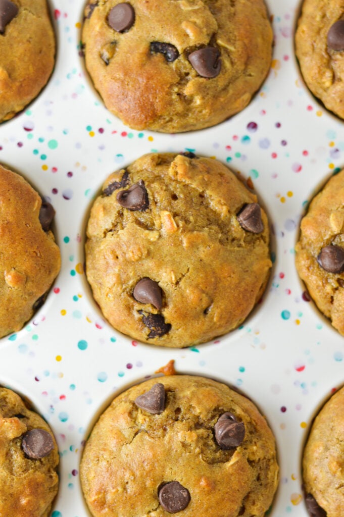 Homemade Healthy Peanut Butter Chocolate Chip Oat Muffins in a standard muffin tin, with the semi sweet chocolate chips sticking out of the top of the muffins.