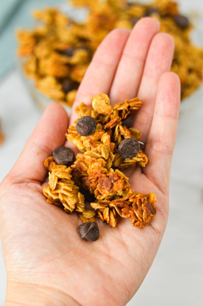 A hand holding some large clusters of Peanut Butter Chocolate Chip Granola, with the golden brown granola mixed with the chocolate chips.