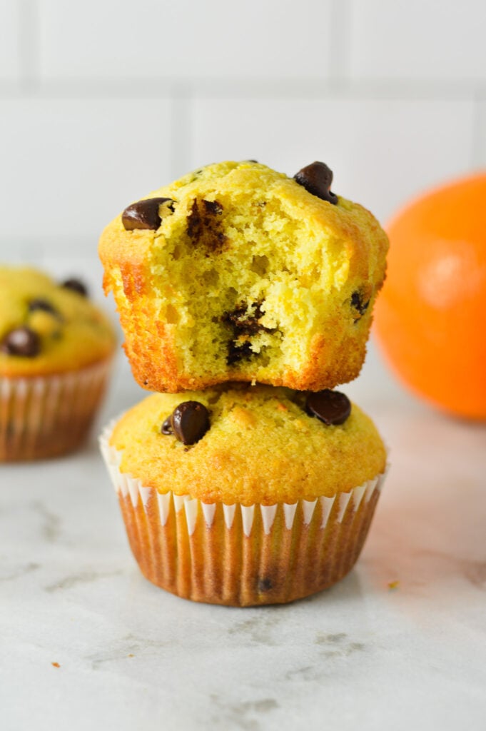 Homemade Orange Chocolate Chip Muffins sprinkled with semi-sweet chocolate chips.